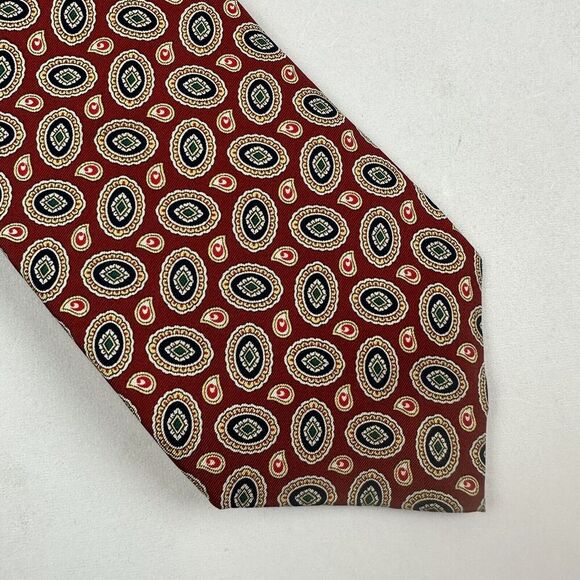 VTG Lands End 100% Silk Necktie Tie Red Paisley Geometric 01 - Picture 3 of 5